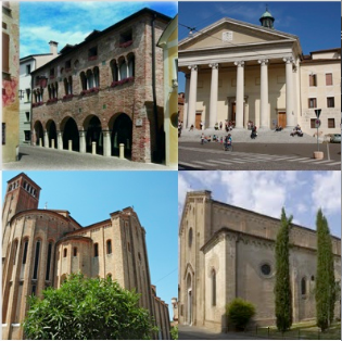 in senso orario: Ca' dei Carraresi - Duomo - Chiesa S.Nicolo' -Chiesa S.Francesco